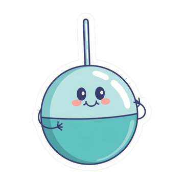 Cute smiling fishing bobber character sticker with tiny arms and rosy cheeks in kawaii cartoon style on white background, concept of hobby and leisure.