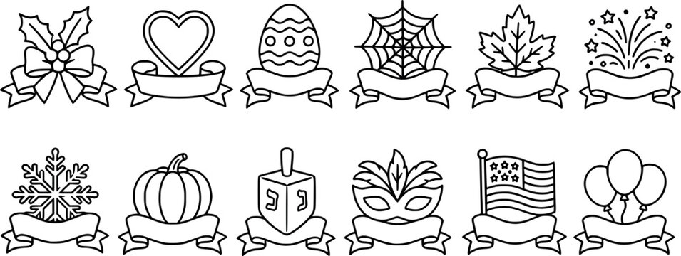 Collection of holiday and seasonal event icons with blank banners for custom text transparent background