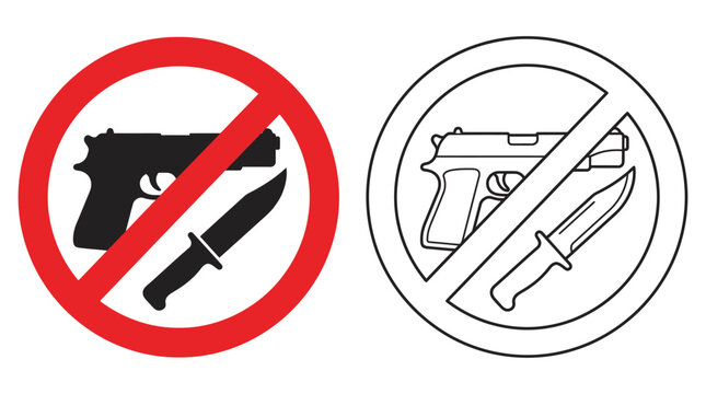 Firearm And Knife Prohibition Sign Red Circle And Slash Silhouette