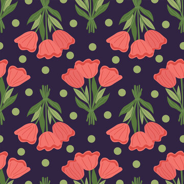 Bouquets of red tulips on a dark background. Seamless vector pattern.