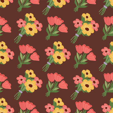 Seamless pattern with colorful flowers and flower bouquets on brown background. Flat vector flowers design for textiles, wrapping paper, wallpaper and fabric. Hand drawn floral pattern.