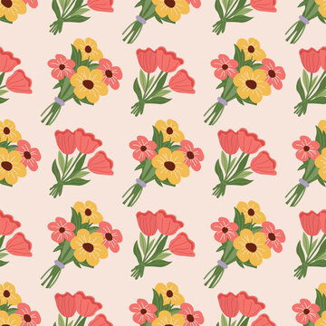Seamless pattern with colorful flowers and flower bouquets on beige background. Flat vector flowers design for textiles, wrapping paper, wallpaper and fabric. Hand drawn floral pattern.