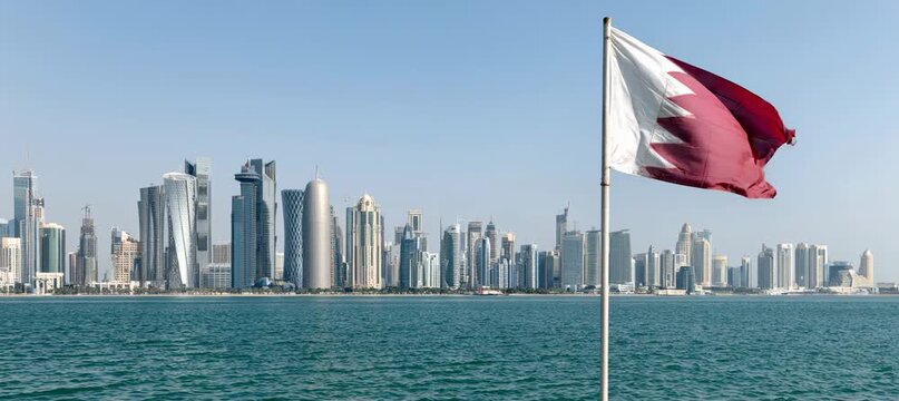 Waving Qatar flag with city skyline background. Country independence. Generative video AI technology.