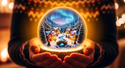 Fototapeta premium A person holding a glowing magical Christmas snowglobe featuring a winter village under beautiful northern lights, surrounded by warm holiday bokeh background light.