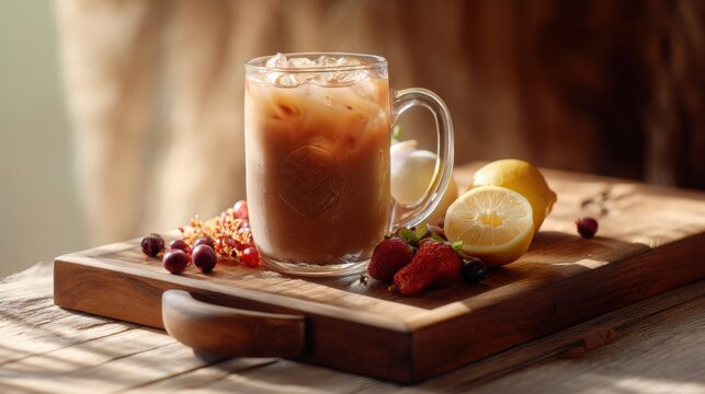 Glass mug of iced coffee with milk on a wooden cutting board with fresh lemon and strawberry. Cold refreshing drink for summer. Culinary photography of summer beverage with fruit.