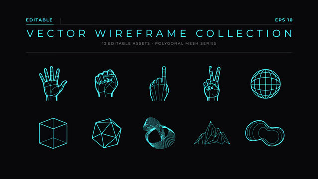 Wireframe gesture illustration bundle. Editable hand poses with 3D geometric forms for virtual reality, AI interfaces, technology branding and educational graphics.