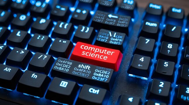 Bright red computer science key stands out among dark black backlit keys on a modern gaming keyboard with glowing blue light emitting from underneath the mechanical switches and alphanumeric buttons.