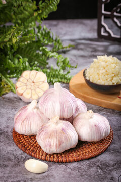 Fresh Purple Garlic Bulbs with Minced Garlic and Herbs on Rustic Kitchen Counter