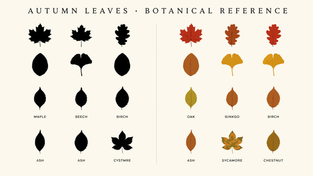 Autumn leaf identification chart. Botanical reference featuring labeled tree leaves and seasonal colors for education, nature guides, classroom materials and scientific illustration.