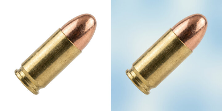Close-up of a single shiny copper bullet on a brass casing for weapons and ammunition concepts