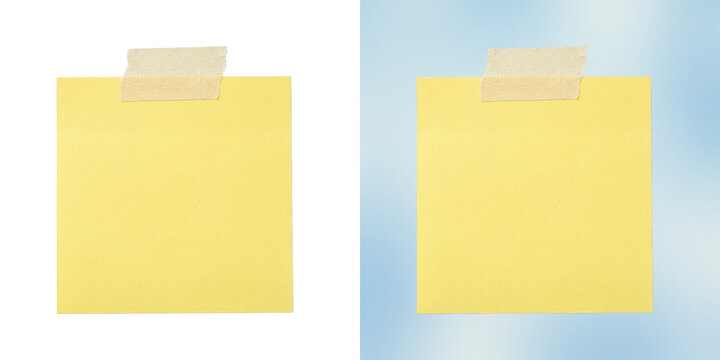 Blank yellow sticky note or post-it with masking tape for office message or reminder