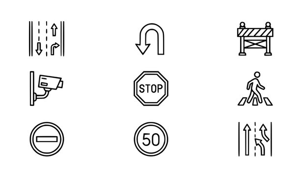 Minimalist traffic lane icons and road regulation line art symbols vector pack