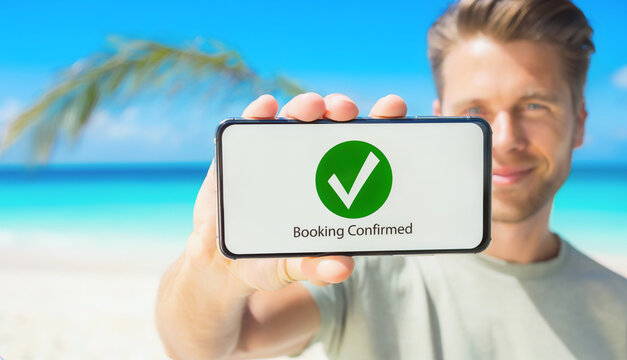 Happy man showing a smartphone with booking confirmed text on screen, beautiful tropical beach with turquoise sea background, summer vacation travel and accommodation concept.