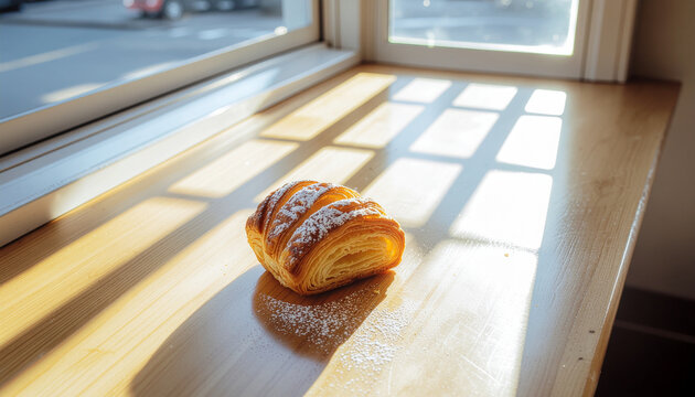 Pastry croissant sweet bread bakery wooden counter sunlight window shadow dessert morning light