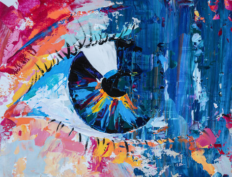 Abstract strokes of oil and acrylic paint form an eye with vivid colors