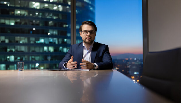 Confident executive speaking assertively to small team in office at dusk