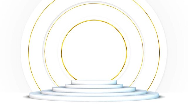 White circular podium layered gold rings, clean studio lighting, soft shadows, premium product space. for logo reveals, luxury ads, wedding invites, cosmetic showcases, ceremony titles, and elegant