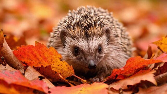 Cute hedgehog walking on autumn leaves. Small spiny mammal foraging in colorful fall foliage.