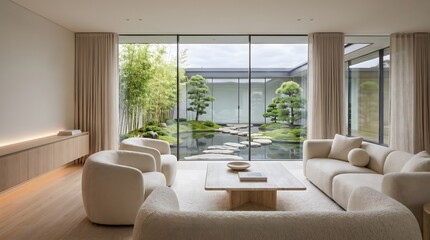 Fototapeta premium Serene Contemporary Interior Design Featuring Boucle Furniture and Natural Light