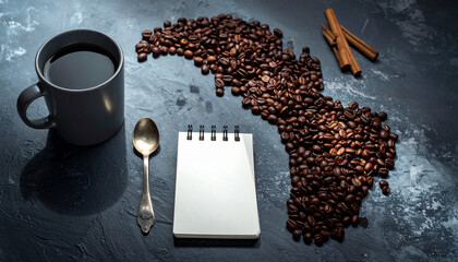 Naklejka premium Coffee ritual top view flat lay coffee bean coffee cup spoon notebook cinnamon dark background still life mug caffeine beverage aroma roasted bean brown color ceramic cup metal spoon blank