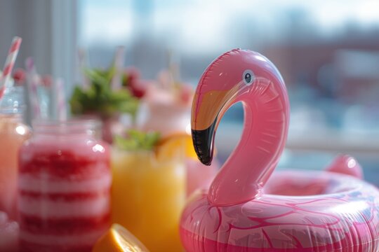 Pink flamingo pool float next to cold refreshing cocktail. Tropical summer holiday party theme. Vacation relaxation concept, bright drink and beverage at beach resort or bar lounge.