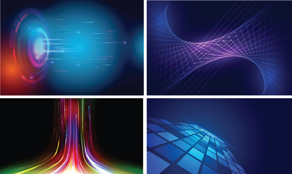 Dynamic digital technology background. Abstract isometric flow, glowing fragments, lines. AI, big data network concept for modern business, cyber security, communication. Futuristic blue-purple design