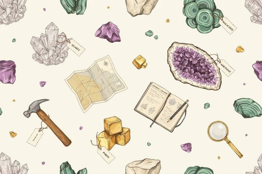 Seamless pattern featuring hand drawn of various crystals, minerals, a hammer, a map, a notebook, and a magnifying glass tool