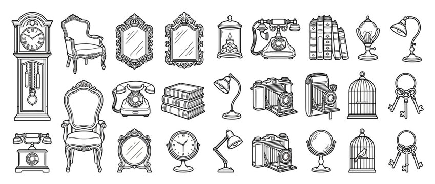 Vintage Objects Collection Sketch Drawing