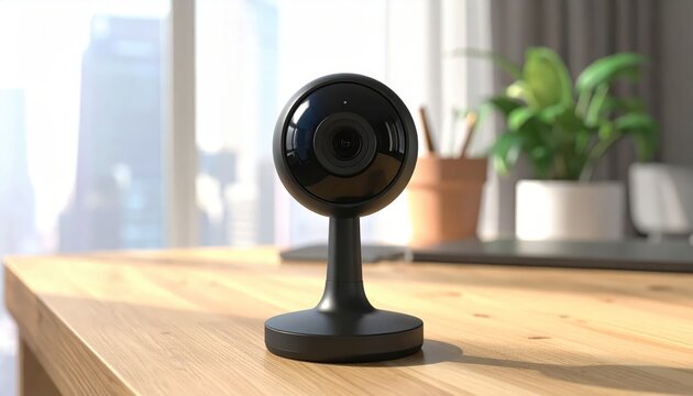 Modern black smart home security camera on wooden table.