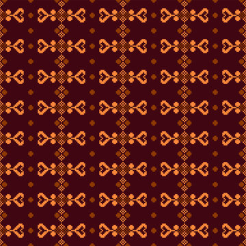 Traditional pixel folk geometric pattern featuring symmetrical floral motifs arranged in a seamless lattice with warm burgundy and orange tones. Decorative ethnic textile background for fabric, wallpa