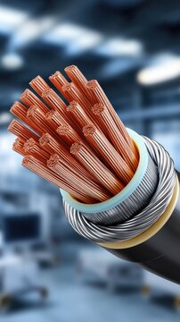 Close up view of thick electrical power cable showing copper strands, insulation layers, and protective jacket on an industrial floor