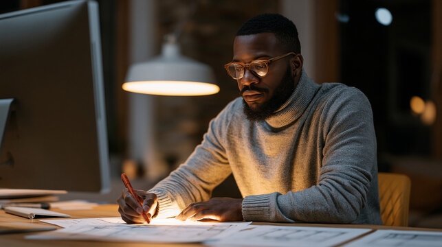 Technical writer at a standing desk reviews a complex engineering manual on a wide monitor, red markup pen in hand, printed diagrams spread across the desktop surface,