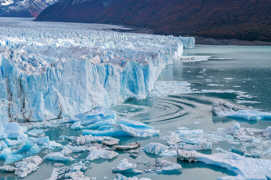 Perito Moreno glacier landscape showing impact of climate change with dramatic cold mood and blue ice floating water as massive majestic nature scene of Argentina frozen wilderness global warming