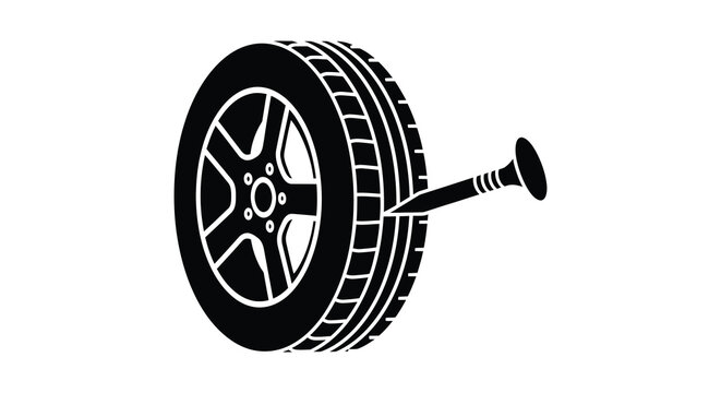 Flat tire with nail puncture black and white silhouette