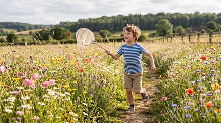Fototapeta premium Young boy happily chases a butterfly with a net through a vibrant wildflower meadow