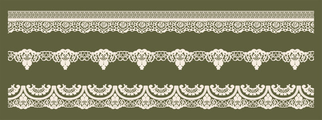 Border lace edge for oval scallop frame. Doily scalloped chain trim. Wavy pattern brush with antique hand drawn stripe and round floral wave. Luxury card motif set with embroidery line for design © Mariia