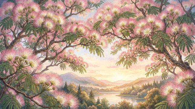 Vibrant silk tree branches with fluffy pink flowers framing a beautiful serene mountain lake at sunset