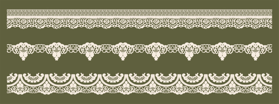 Border lace edge for oval scallop frame. Doily scalloped chain trim. Wavy pattern brush with antique hand drawn stripe and round floral wave. Luxury card motif set with embroidery line for design