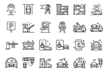 Fototapeta premium Set of thin line icons for parking and automotive services featuring car symbols barrier gates charging stations and road signage