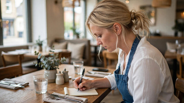 Woman in denim apron taking restaurant order, Female server taking order with denim apron