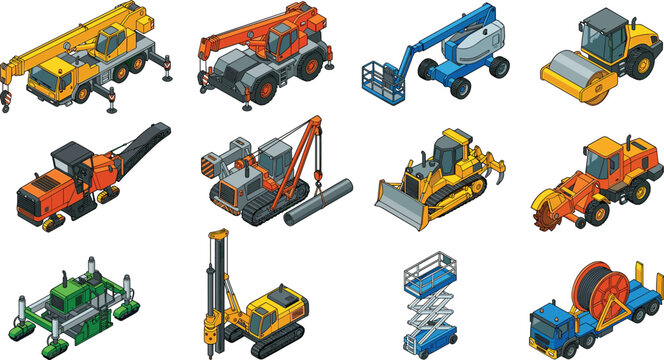 Set of Isometric Heavy Construction Machinery and Equipment Vector Illustration