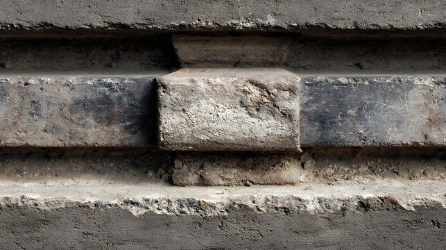 An ancient stone wall with weathered textures and patterns, featuring a central rectangular block and a series of horizontal lines.