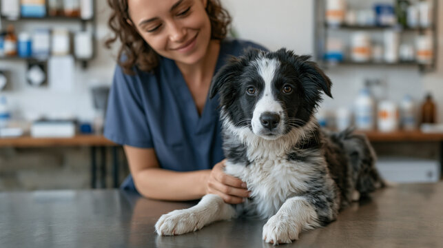 Kennel manager administering vaccine to border collie puppy on stainless examination table, veterinary technician restraining gently, clinic supplies organized on wall rack,