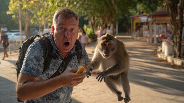 Man with surprised expression offers food to a monkey in a tropical setting. A tourist holds out a piece of food to a curious monkey, both looking at camera with wide eyes in sunny outdoor location