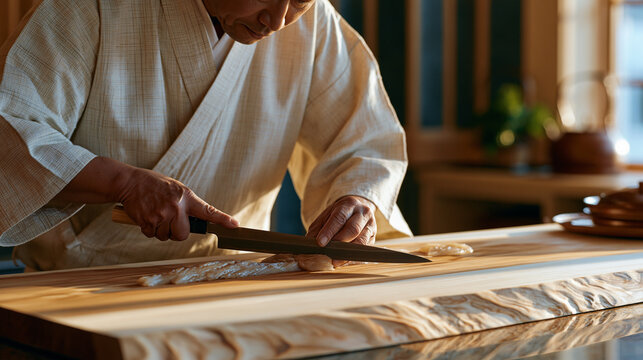 A sushi chef with steady hands and a sharp blade slices precise cuts of cured fish across a spotless hinoki wood counter at dawn prep time, minimalist professional kitchen,