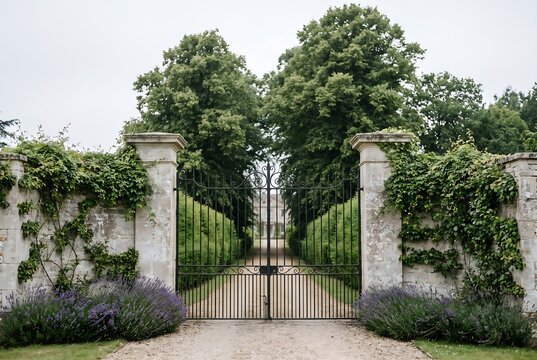Grand wrought iron gates leading to a stately manor house at the end of a long gravel driveway lined with tall trees and lavender bushes