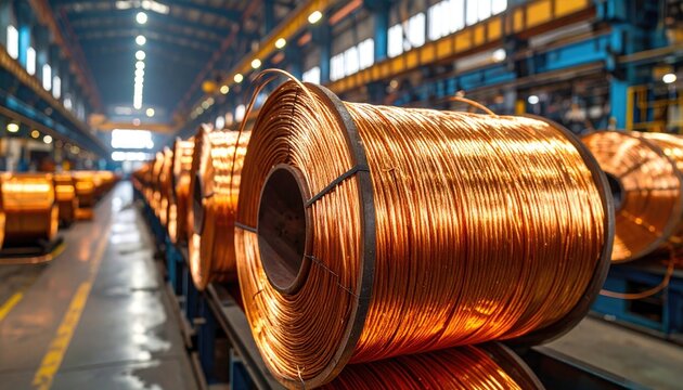 Large spools of shiny copper wire fill an industrial factory, ready for use