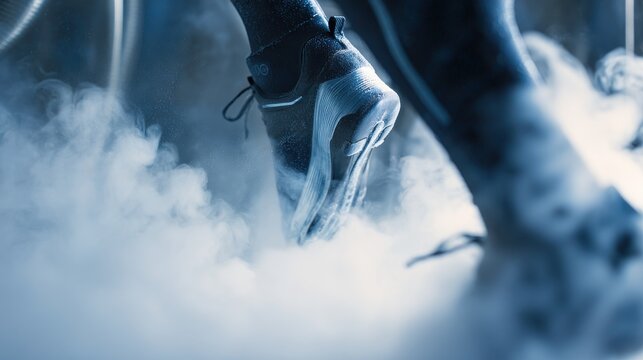 Athletic footwear in mist showcasing performance and style. This image captures a close-up of a running shoe in fog, emphasizing movement and energy
