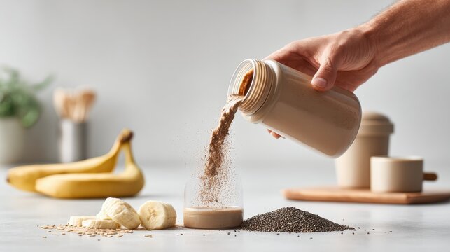 Pouring healthy banana and chia seed smoothie powder into a glass. A hand pours a nutritious blend of banana and chia seed powder into a glass, preparing a wholesome beverage