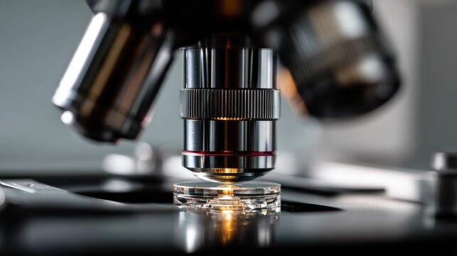 Microscope objective lens over glass slide in laboratory setting. Detailed view of scientific microscope's objective lens positioned above specimen slide, ready for examination in research environment